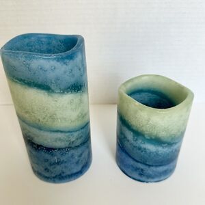 Lot 2 Hobby Lobby Flameless Blue & Green Candles Battery Real Wax Pillar 6" & 4"